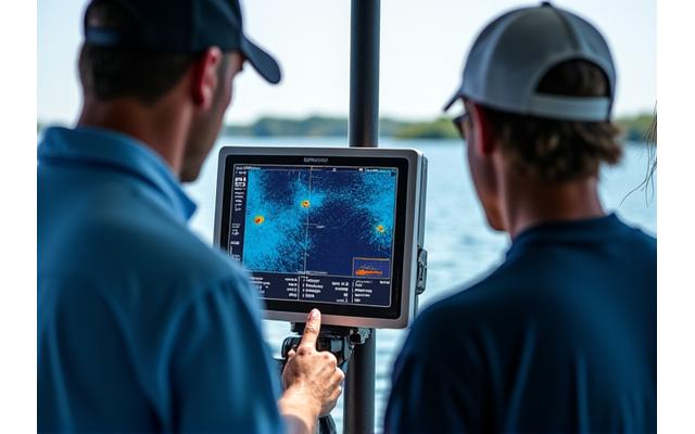 Fishing technology consultant pointing to a complex sonar screen while explaining features to an attentive angler