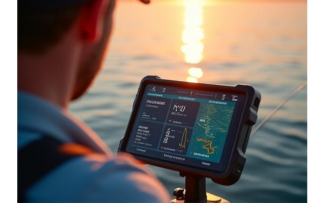 Angler on a boat reviewing fishing performance data and metrics on a tablet connected to their smart fishing rod and reel system