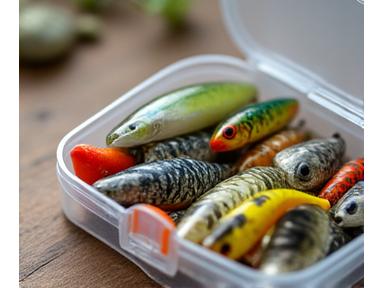Assortment of freshwater fishing lures including worms, jigs, and spinnerbaits arranged neatly.