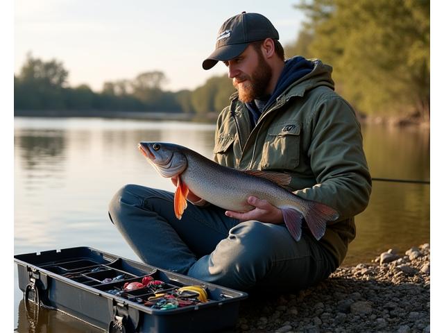 Michael K. Davis with a large catfish, showing his tackle box nearby.