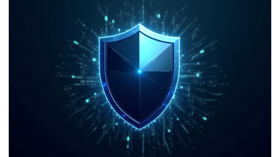 Stylized shield icon representing data protection, with digital lines flowing around it.