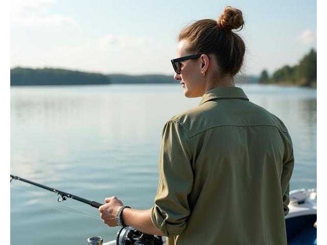 Angler wearing organic cotton fishing shirt on a boat