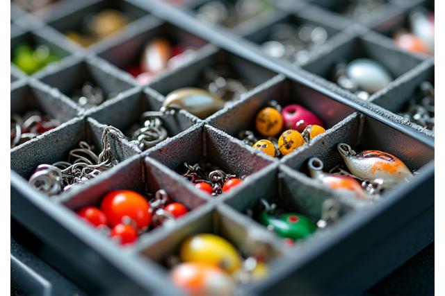 Close-up of a tackle box with clearly labeled lure compartments
