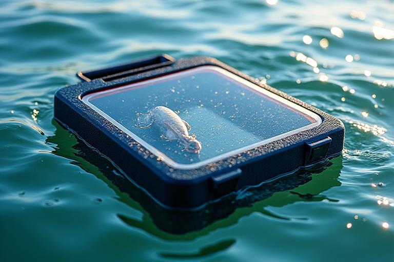 Waterproof tackle box submerged partially in water, but keeping contents dry